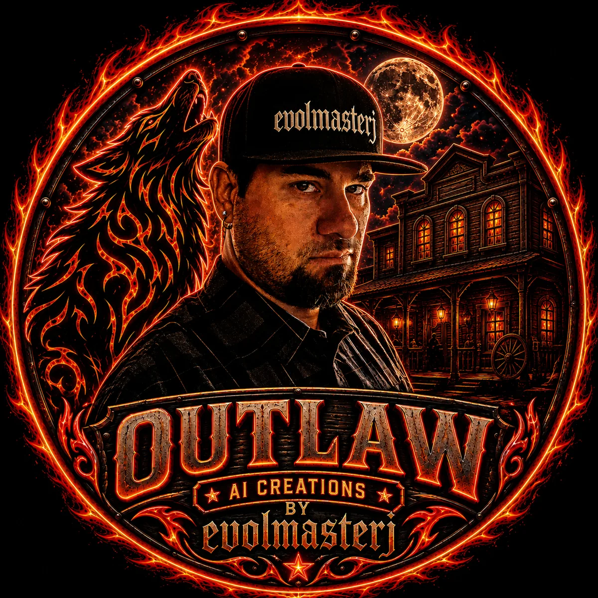 evolmasterj — artist portrait in front of the Outlaw AI Creations emblem.